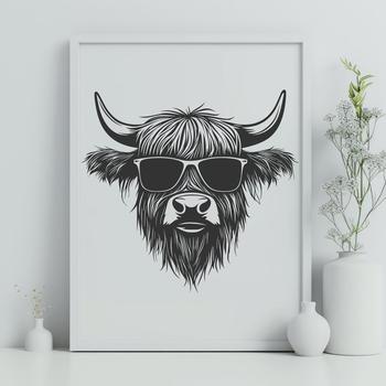 A large highland cow standing in a field with its head held high.