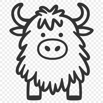 A full-body illustration of a Scottish Highland Cow standing in a field.