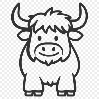 A detailed illustration of a Highland Cow standing on a farm landscape.