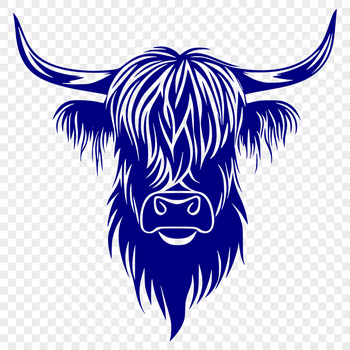 An isolated graphic of a Highland farm animal's face, ideal for clip art and commercial use in digital designs and crafts.