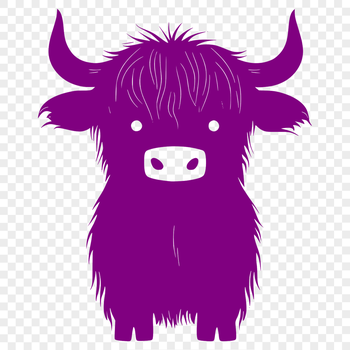 A full-body illustration of a standing Highland cow on a farm landscape.