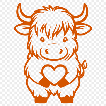 A detailed illustration of a standing Highland Cow from the front, showcasing its distinctive horns and coat.