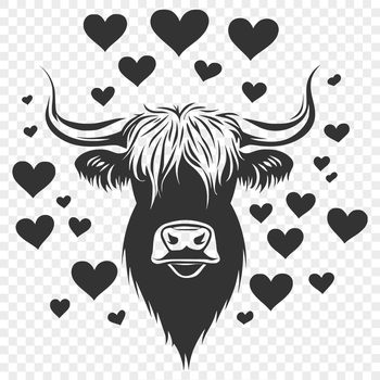 A stylized illustration of a Highland cow with heart symbols on its head.