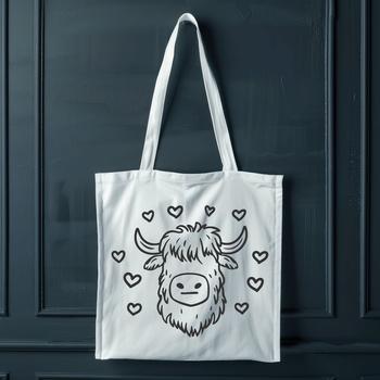 An SVG vector graphic design featuring a Highland cow's head with heart motifs.