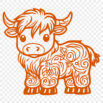 A realistic illustration of a standing Highland cow with distinctive horns and shaggy coat.