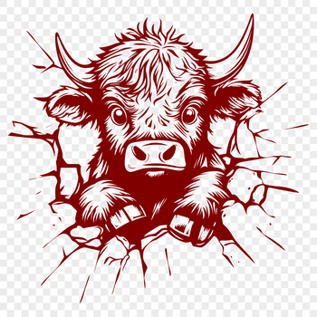 Close-up illustration of a Highland cow's head, featuring distinctive horns and facial features.