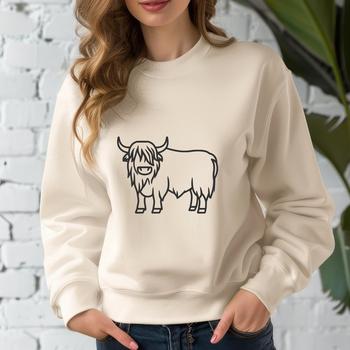 A highland cow standing on a grassy field, illustration of farm animal.