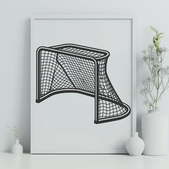 A detailed illustration of a hockey goal with sticks and netting, suitable for digital design and crafting projects.