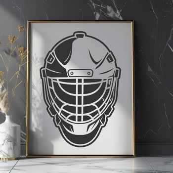A detailed illustration of a hockey player's face with protective gear, designed as a vector image.