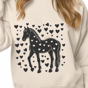 A detailed full-body illustration of a horse with integrated love hearts, suitable for digital cutting machines.