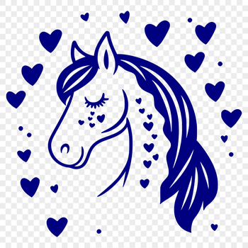 A cartoon horse design with love hearts surrounding its body.