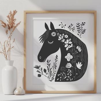 A stylized illustration of a horse surrounded by floral patterns in various colors.