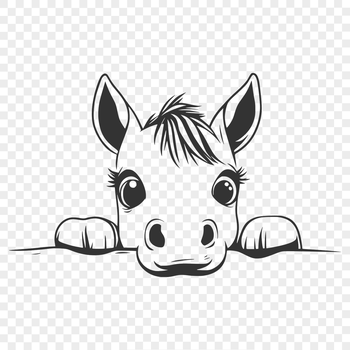 A simple line-art illustration of a horse's head peeking out from behind a tree.