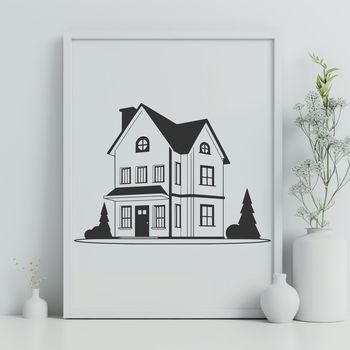 A minimalist illustration of a small residential house with simple lines and shapes.