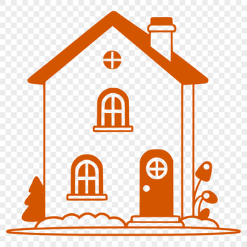 A simple illustration of a residential building with a roof and windows.