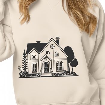 An outline illustration of a simple house with a basic roof and doors.