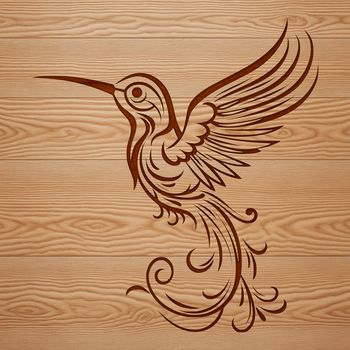 Illustration of an ornate hummingbird in flight, depicted as a vector graphic.