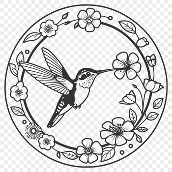 Illustrative vector design of a hummingbird in flight amidst floral elements.