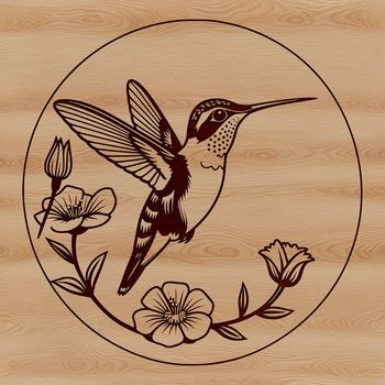 An illustration of a bird with iridescent feathers, perched on a stem amidst flowers.