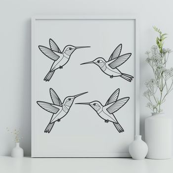 A colorful illustration of a hummingbird in flight, designed as a vector graphic.