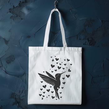 A vibrant illustration of a hummingbird in flight, surrounded by love hearts.