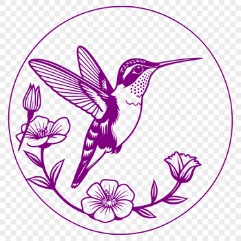 A small, colorful bird with a long beak and iridescent feathers perched on a floral branch.