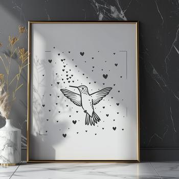 Colorful illustration of a hummingbird in flight, surrounded by love hearts.