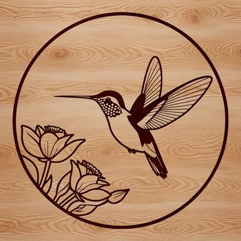 A vector graphic of a hummingbird perched on a branch with flowers, suitable for digital designs and crafts.