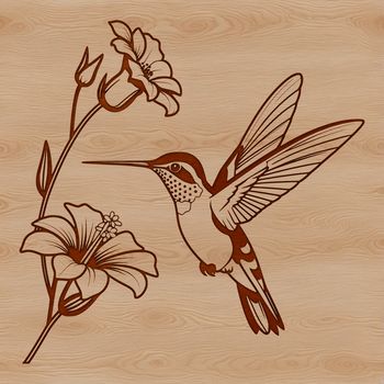A vector graphic design featuring a hummingbird perched on a branch with green leaves.