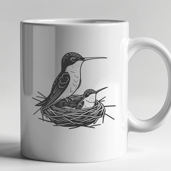 A detailed drawing of a hummingbird perched on a branch, created with precise lines and shapes.