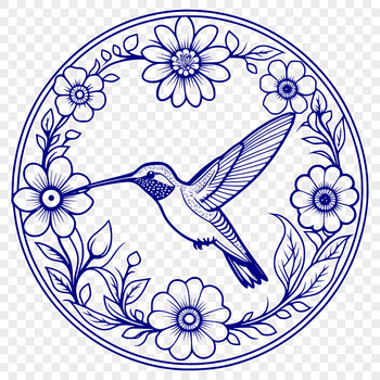 A detailed illustration of a hummingbird in flight above a garden scene.