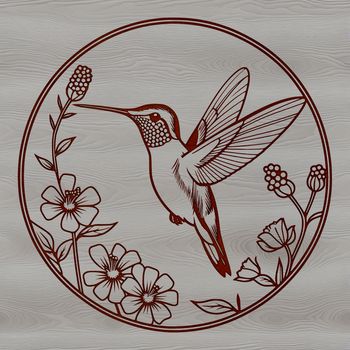An ornithological vector design featuring a stylized hummingbird surrounded by foliage.