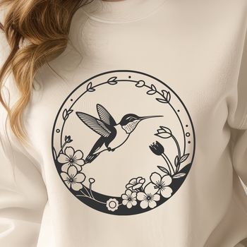 Vector design artwork featuring a stylized hummingbird perched on a branch with flowers.