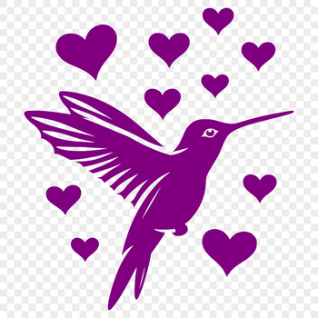 A colorful hummingbird in mid-flight, depicted with love hearts on its body.