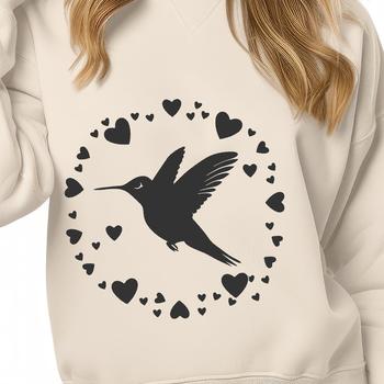 A full-body illustration of a hummingbird in flight, featuring hearts and other details to add a touch of whimsy.