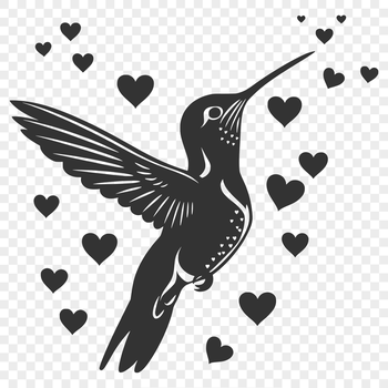 Hummingbird flying in mid-air with heart symbols surrounding its body, a vector illustration.