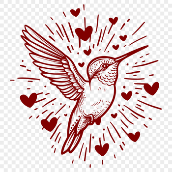 Close-up illustration of a hummingbird in flight with heart accents on its feathers.