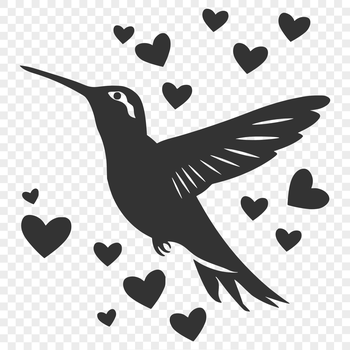 A colorful hummingbird in mid-air, with tiny love hearts surrounding its body.