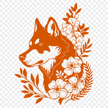 A Siberian Husky's head with a floral pattern on its fur.