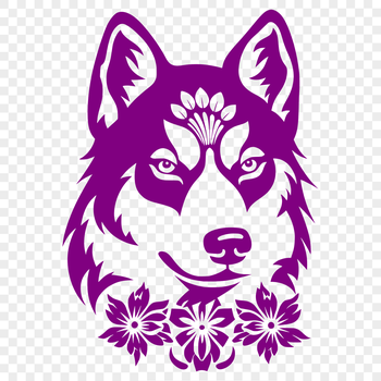 A stylized illustration of a husky dog's head with intricate floral patterns.