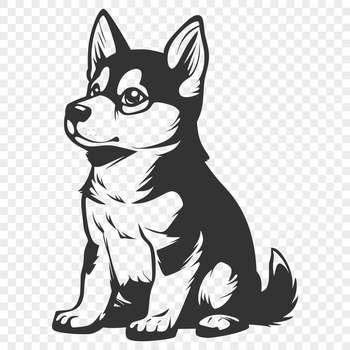 A full-body illustration of a sitting Husky dog with a calm expression.