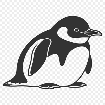 A black and white illustration of a penguin standing on an icy shore.