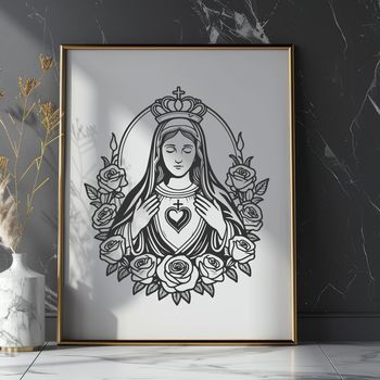 A stylized illustration of a heart with a floral pattern, commonly associated with religious symbolism.