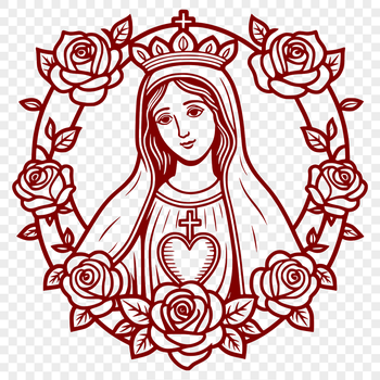 A detailed, vector illustration of a floral wreath encircling the symbol of the Immaculate Heart.