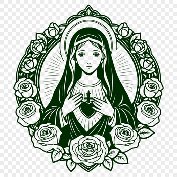 A stylized illustration of a heart with floral elements and a religious theme.