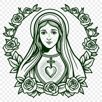 A stylized illustration of the Sacred Heart surrounded by floral elements.