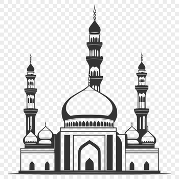 A detailed architectural illustration of a mosque's exterior façade, featuring intricate minarets and domes.