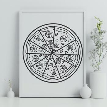A stylized illustration of a classic margherita-style pizza with melted mozzarella cheese.