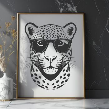 A stylized illustration of a jaguar wearing trendy sunglasses.