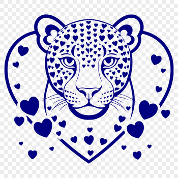 A close-up illustration of a jaguar's face with love hearts surrounding its head.
